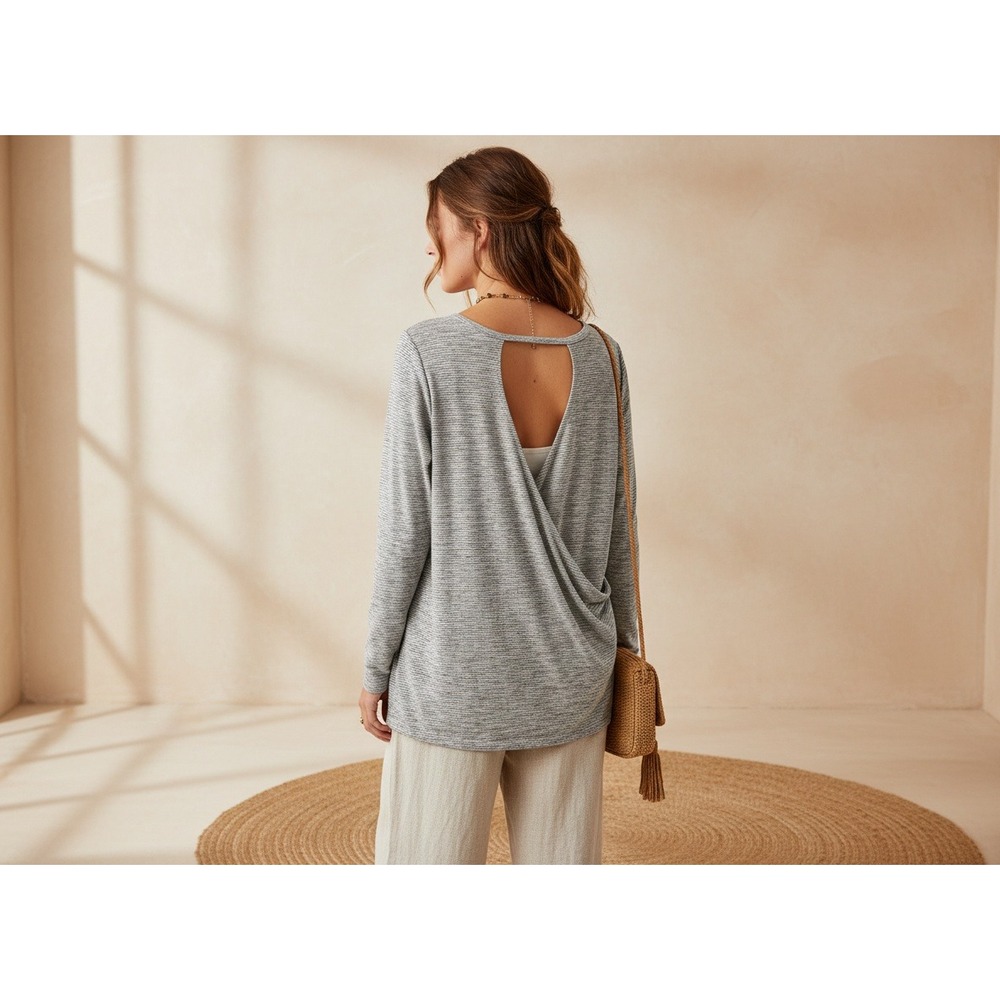 Loft L Top Womens Gray White Striped Open Wrap Back Knit Casual Athleisure Boho
